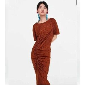 Zara Striped Ruched Stretch Midi Dress WMNS L Orange Short Sleeve Timeless Chic